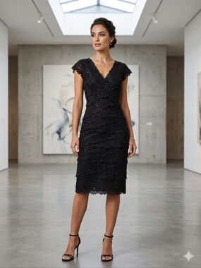 le chateau Black Lace Midi Dress with V-Neck